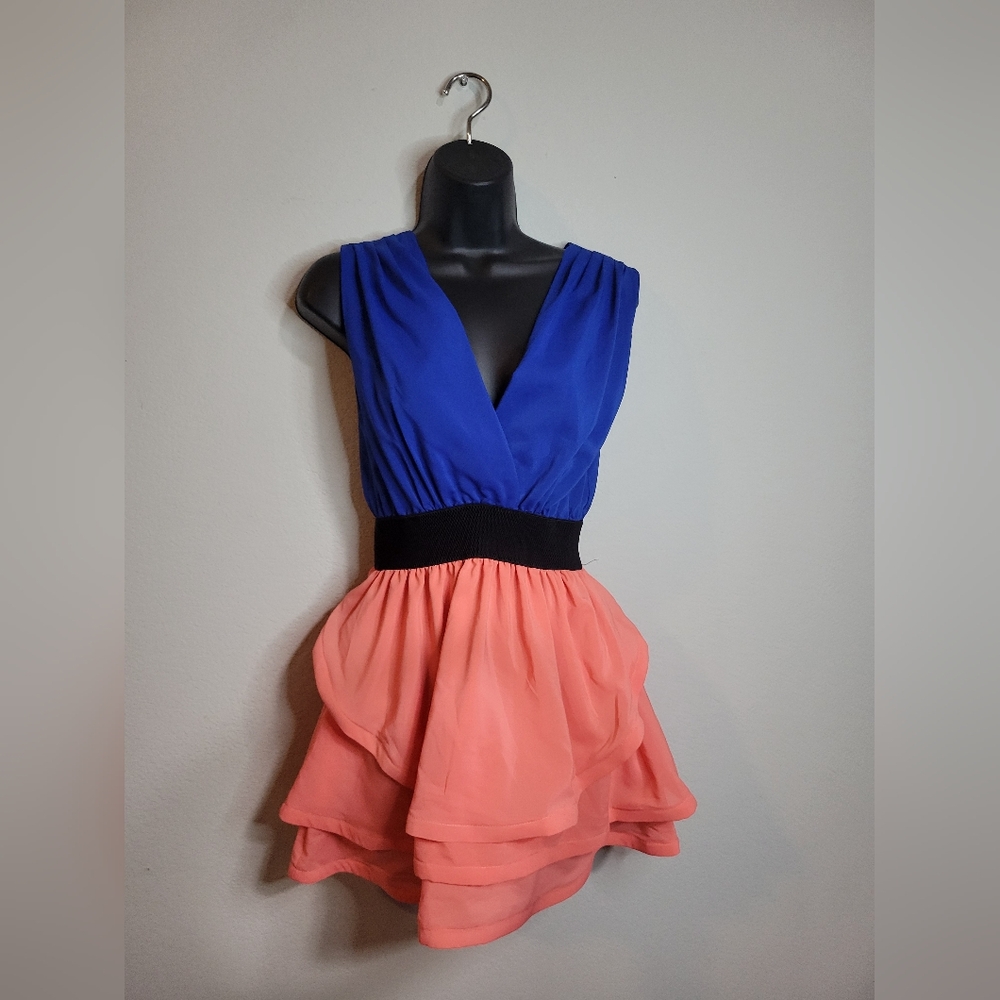 Reverse Plunge Neck Blue and Pink Cocktail Mini Dress